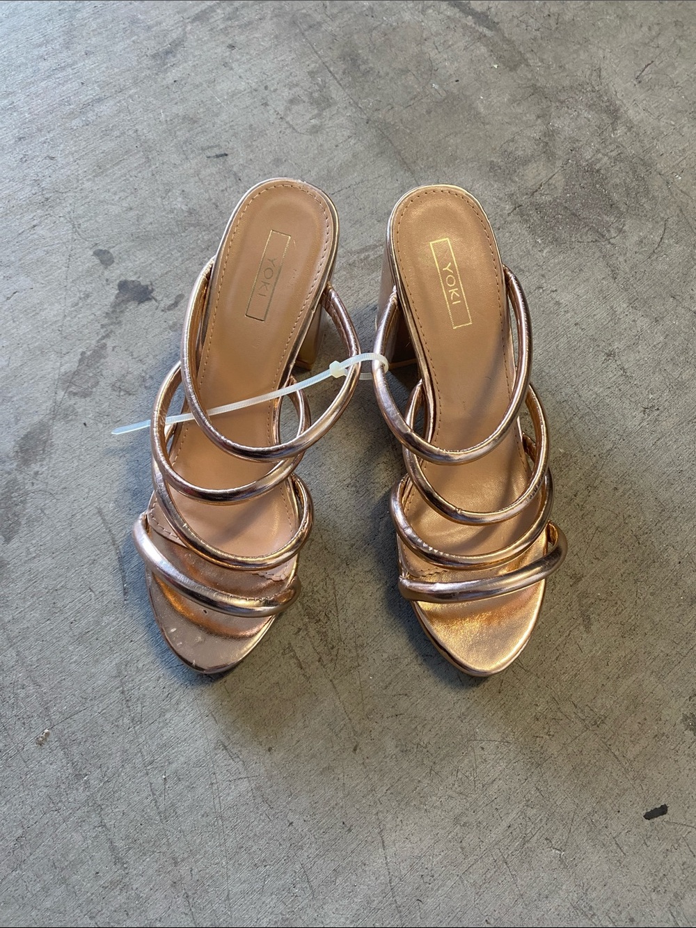 Yoki Metallic Rose Gold Multi-Strap Slide Heels